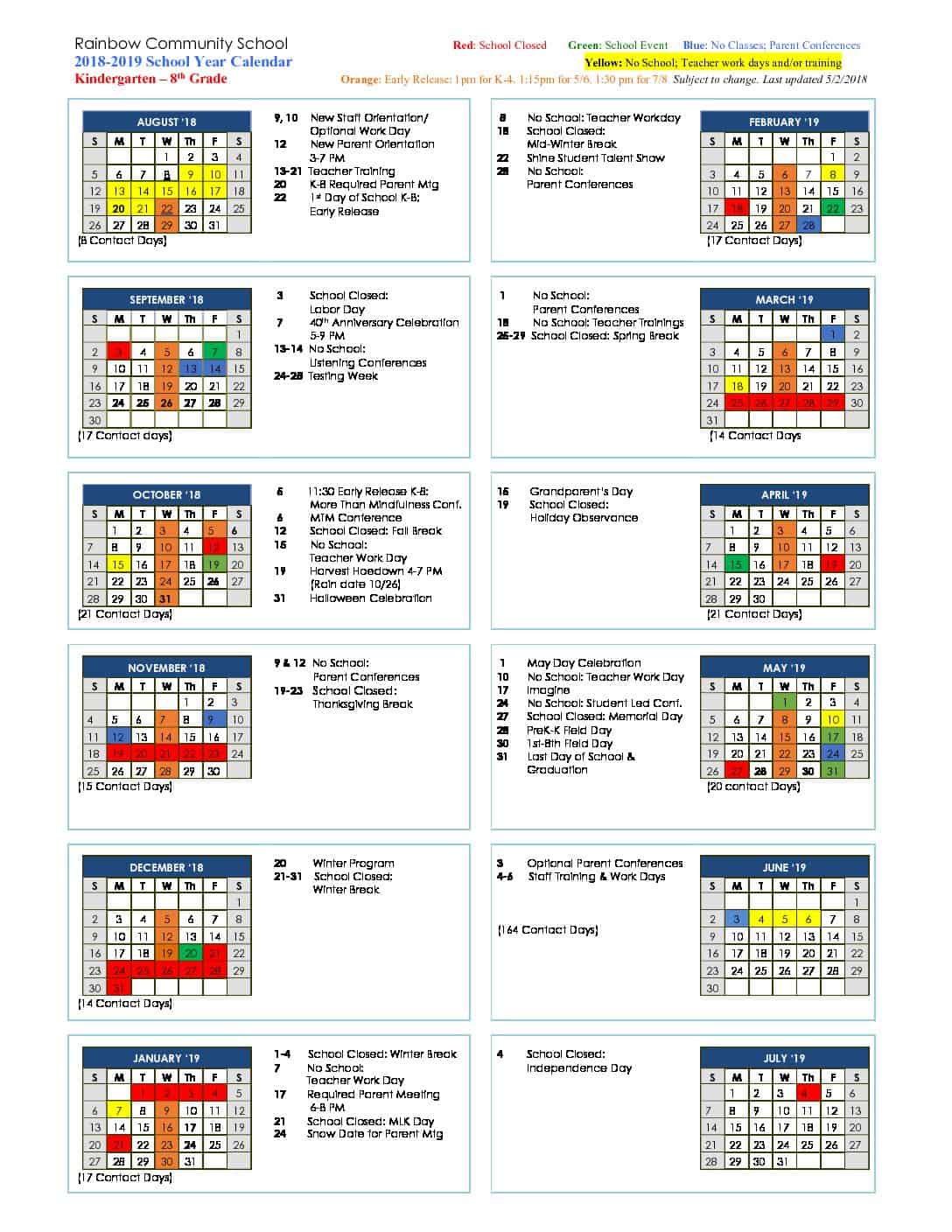2018_2019 final k-8 calendar - Rainbow Community School