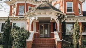 Rainbow community school historic brick building entrance.